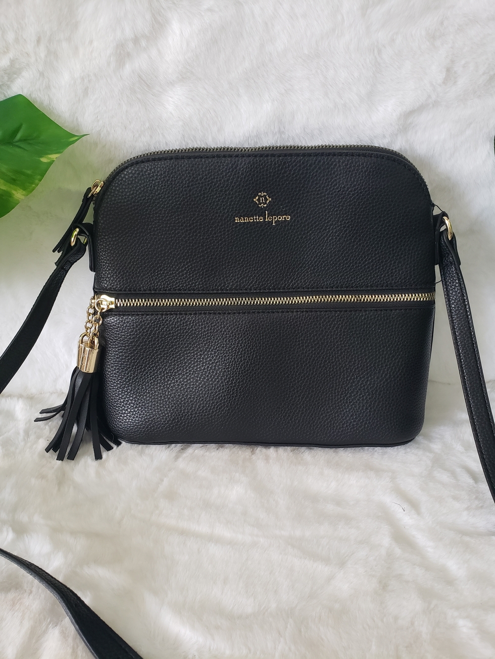 Nanette Lepore Black Pebbled Leather Crossbody with Gold Hardware